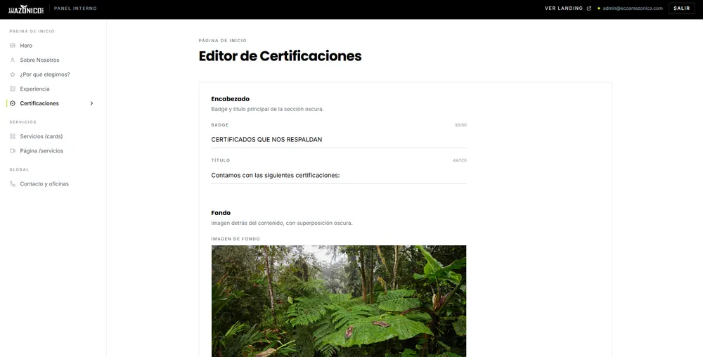 Eco Amazónico Perú: panel administrativo, vista 4
